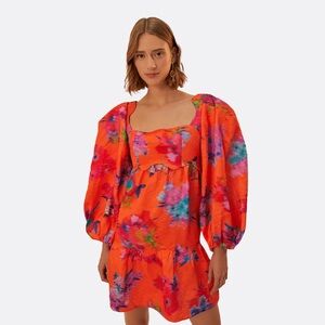 New FARM RIO Orange Ikat Brocade Long Sleeve Mini Dress Sz Medium